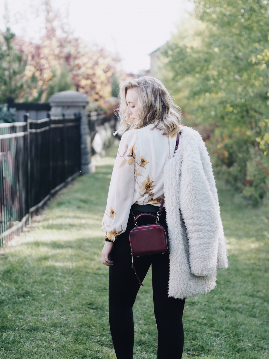 Marigold burgundy floral top yellow fall style aritzia wilfred