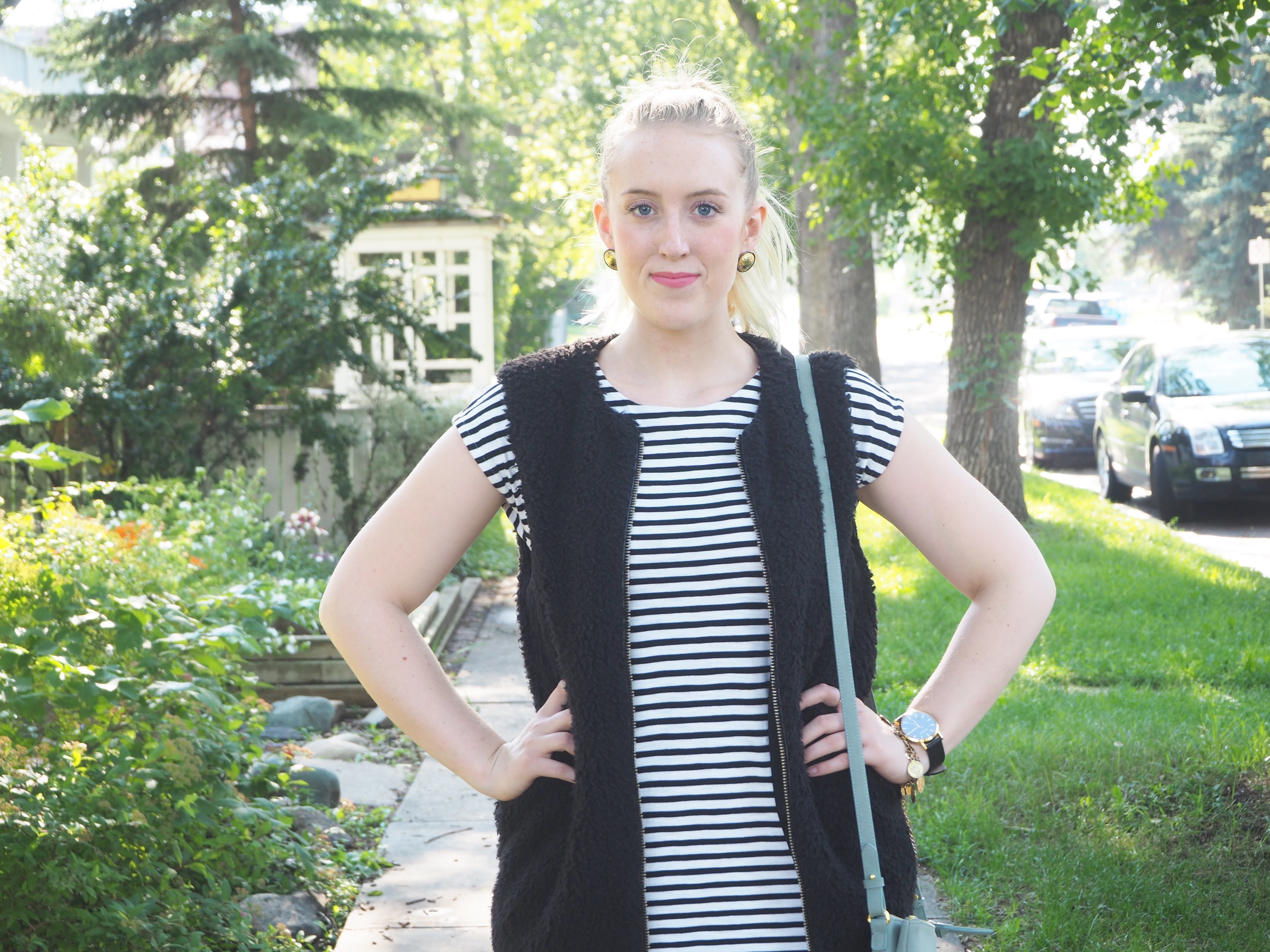 Striped Dress - Strung in Gold Madewell Dress, Steve Madden Heels, Aritzia Vest, Old Navy Bag