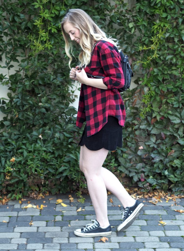 Day 2 Button Up Skirt and Plaid Shirt {American Eagle Skirt and Tank, Aritzia Plaid, Converse, Thrifted Backpack}