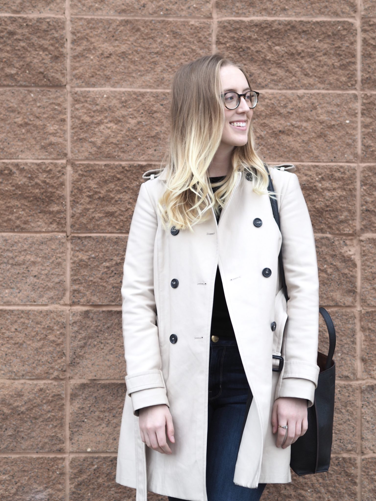 Zara Trench Coat Strung in Gold {Zara Trench, American Eagle Jeans, Steve Madden Boots, Street Level Bag}