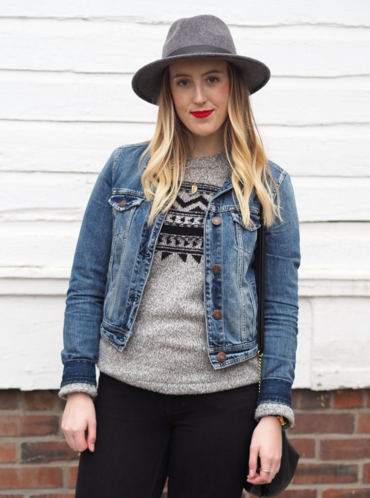 Sweater Weather - The Vic Version {American Eagle Jeans, Sweater, Jacket, Club Monaco Hat, MAC Lipstick in Ruby Woo}