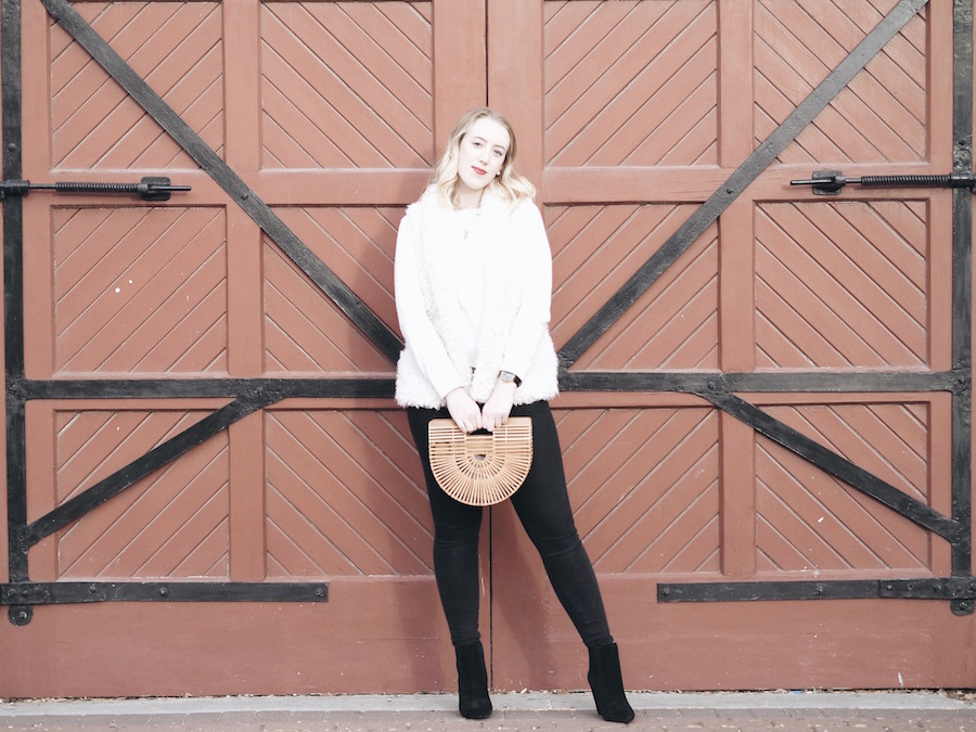 Bamboo Bag - Strungingold {Cult Gaia Bag, Aritzia Vest, American Eagle Jeggings, MAC Lipstick in Sin, Forever 21 Sweater, Kendall + Kylie Boots}