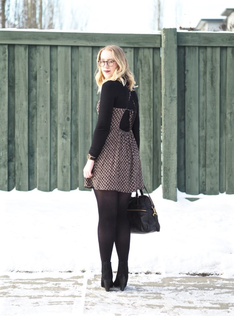 Slip Dress and Turtleneck - Strungingold {Aritzia Turtleneck, Forever 21 Dress, Joe Fresh Tights, Marc by Marc Jacobs Bag, Kendall + Kylie Boots, Smashbox Lipstick}