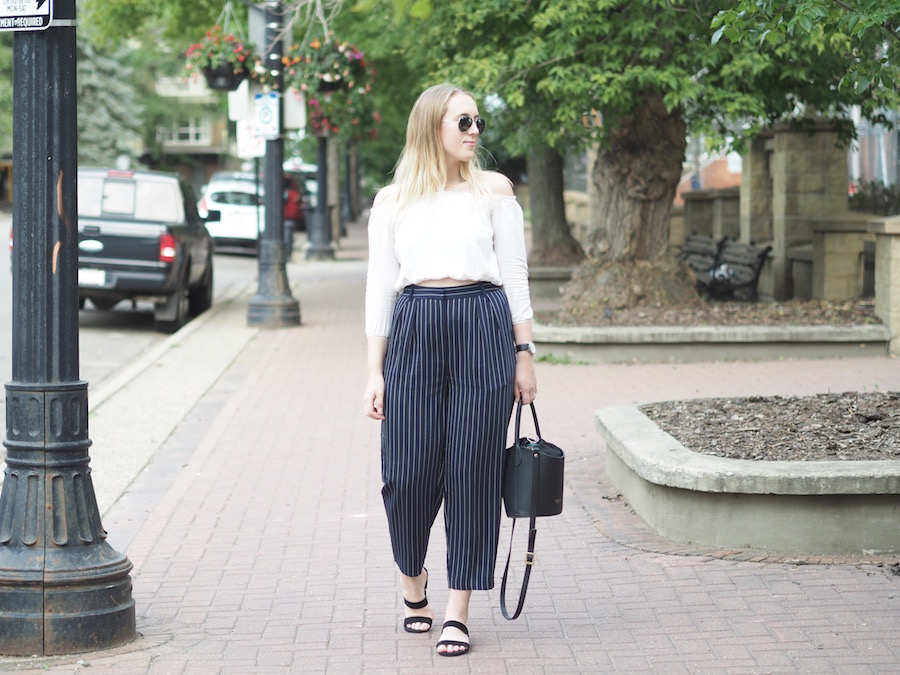 Striped Trousers - Strungingold {Aritzia Striped Trousers, Brandy Melville Off the Shoulder Top, Forever 21 Sandals, Camelia Roma Bucket Bag, Rayban Sunglasses}