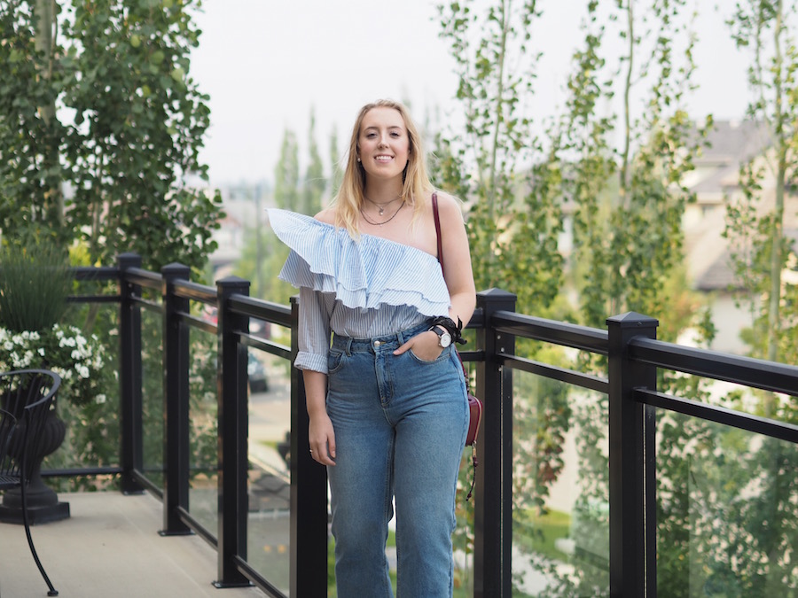 Wide Leg Jeans - Strungingold {Topshop Jeans, Zara Ruffled Top, Rebecca Minkoff Box Bag, Forever 21 Sandals, Pandora Necklace, Aritzia Silk Square}