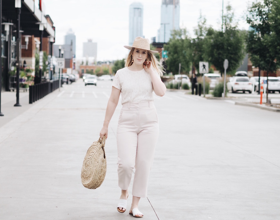 New YEG restaurant in Brewery District wearing easy summer monochromatic outfit with best trousers