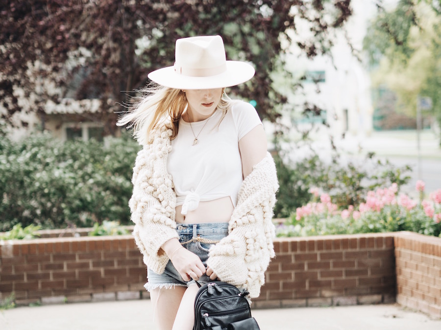 Fall Style chunky knit transitioning seasons denim cutoffs vintage thrifted chain belt edmonton folk music festival