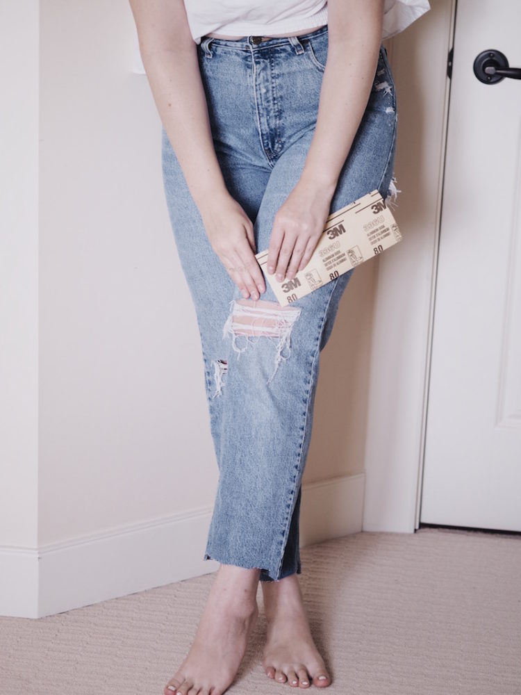 how to distress denim, how to make ripped jeans, distressed denim DIY, ripping thrifted jeans, 8 steps to distressing jeans