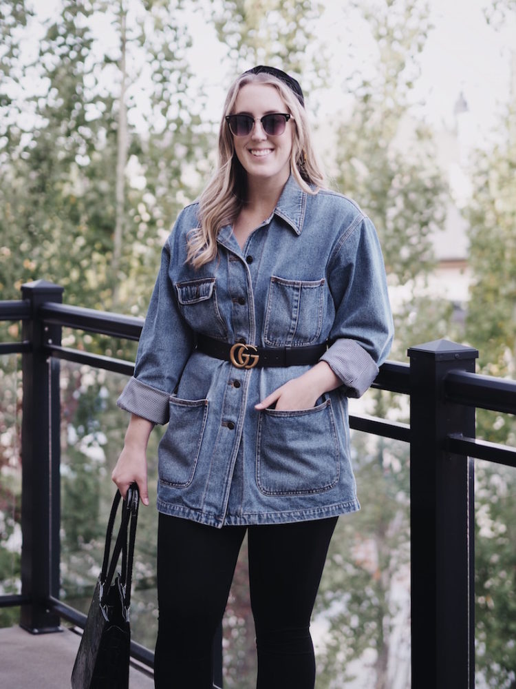 thrifted denim jacket, how to thrift a denim jacket, vintage denim jacket, the wardrobe exchange yeg, belted jacket for fall