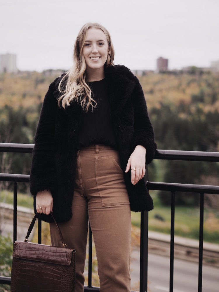 easy fall outfit, aritzia modern utility pant, vintage holt renfrew bag, how to wear brown