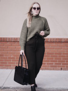 easy workwear outfit, easy office style, best monochrome outfits, aritzia wilfred new front tie pant, secondhand office fashion